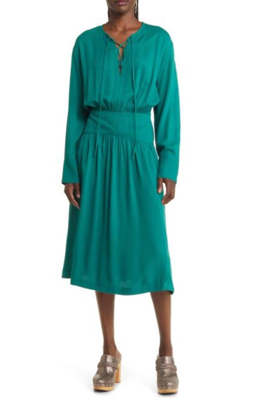 Treasure & Bond Lace Up Front Long Sleeve Midi Dress Green Size S Flowy Pockets